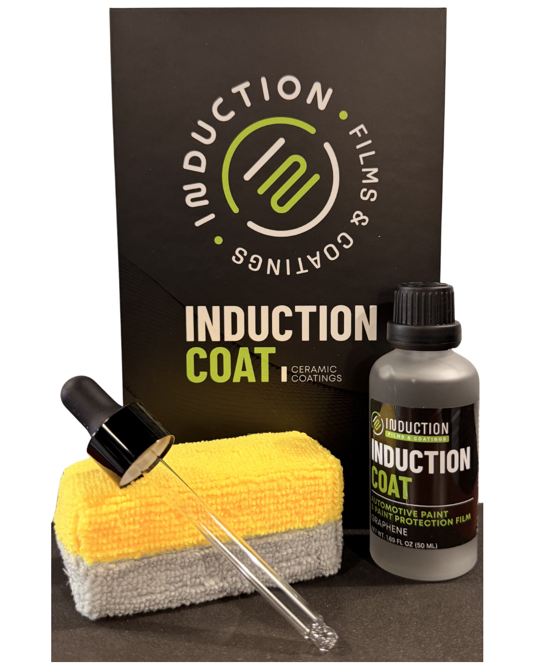 Induction Coat ceramic coating kit with applicator, sponge, and bottle on a dark background
