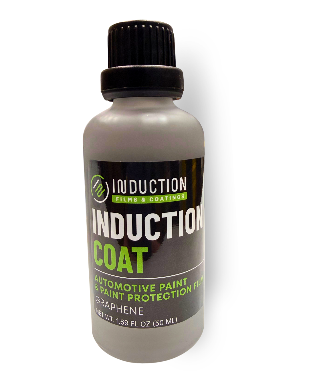Bottle of Induction Coat with black cap on a white background