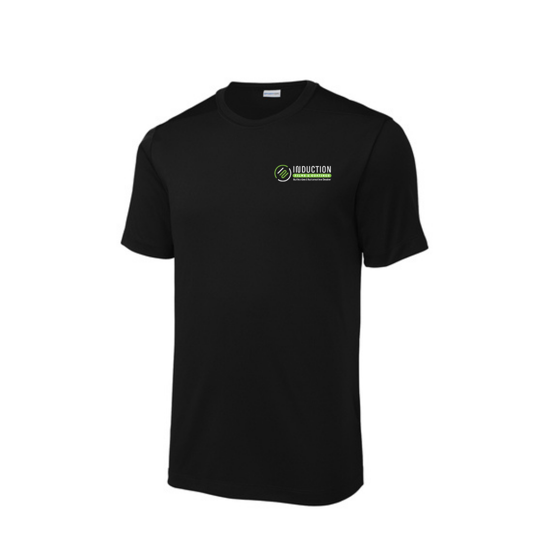 Black t-shirt with a logo on the chest against a white background