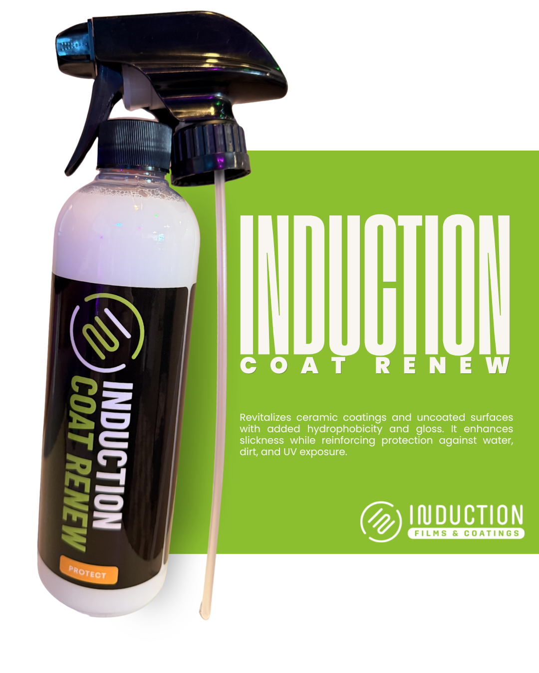 Spray bottle labeled 'Induction Coat Renew' with a green background and text.