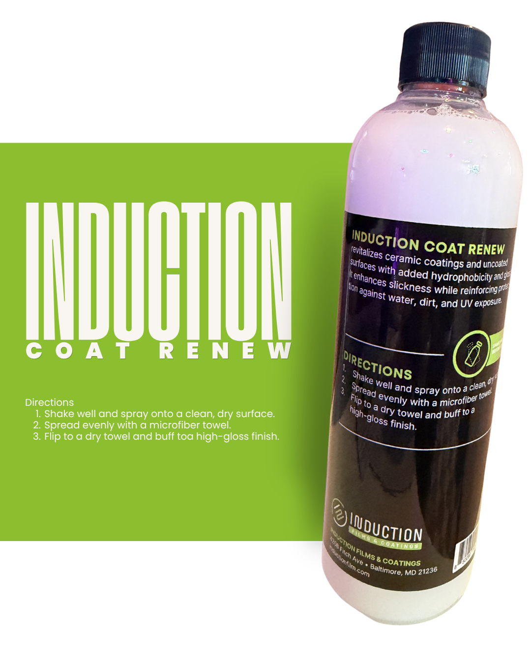 Bottle of 'Induction Coat Renew' with a green label in the background