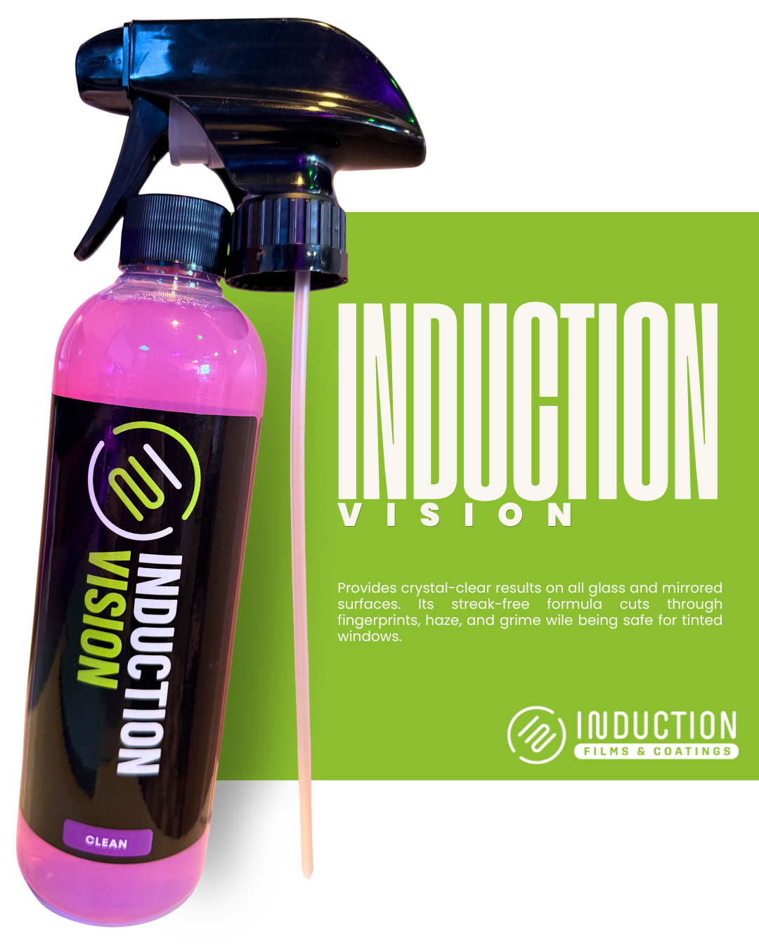 Spray bottle with pink liquid labeled 'Induction Vision' on a green background