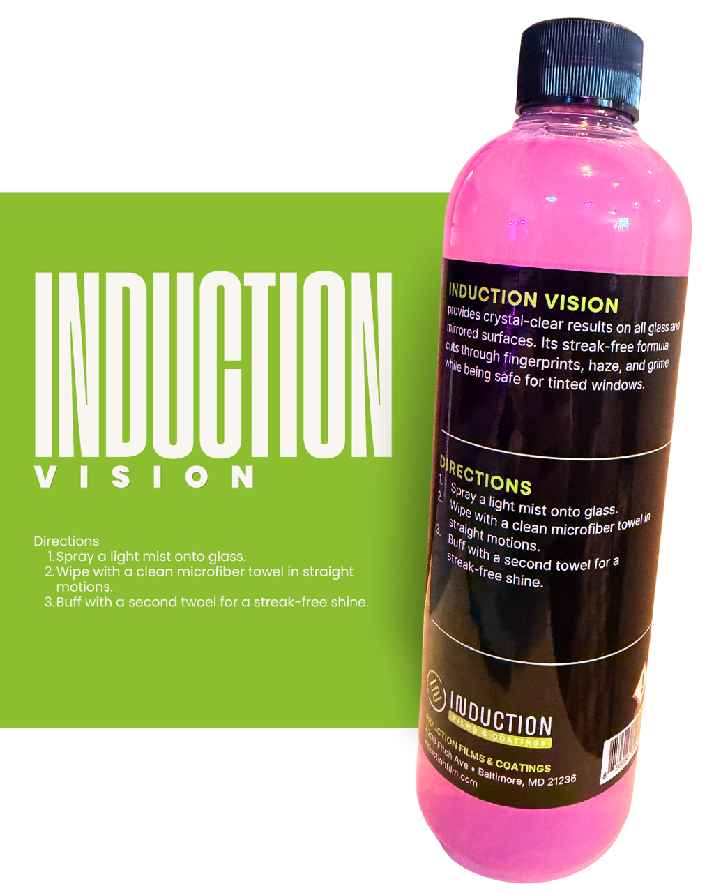 Pink bottle of 'Induction Vision' with green label on a white background