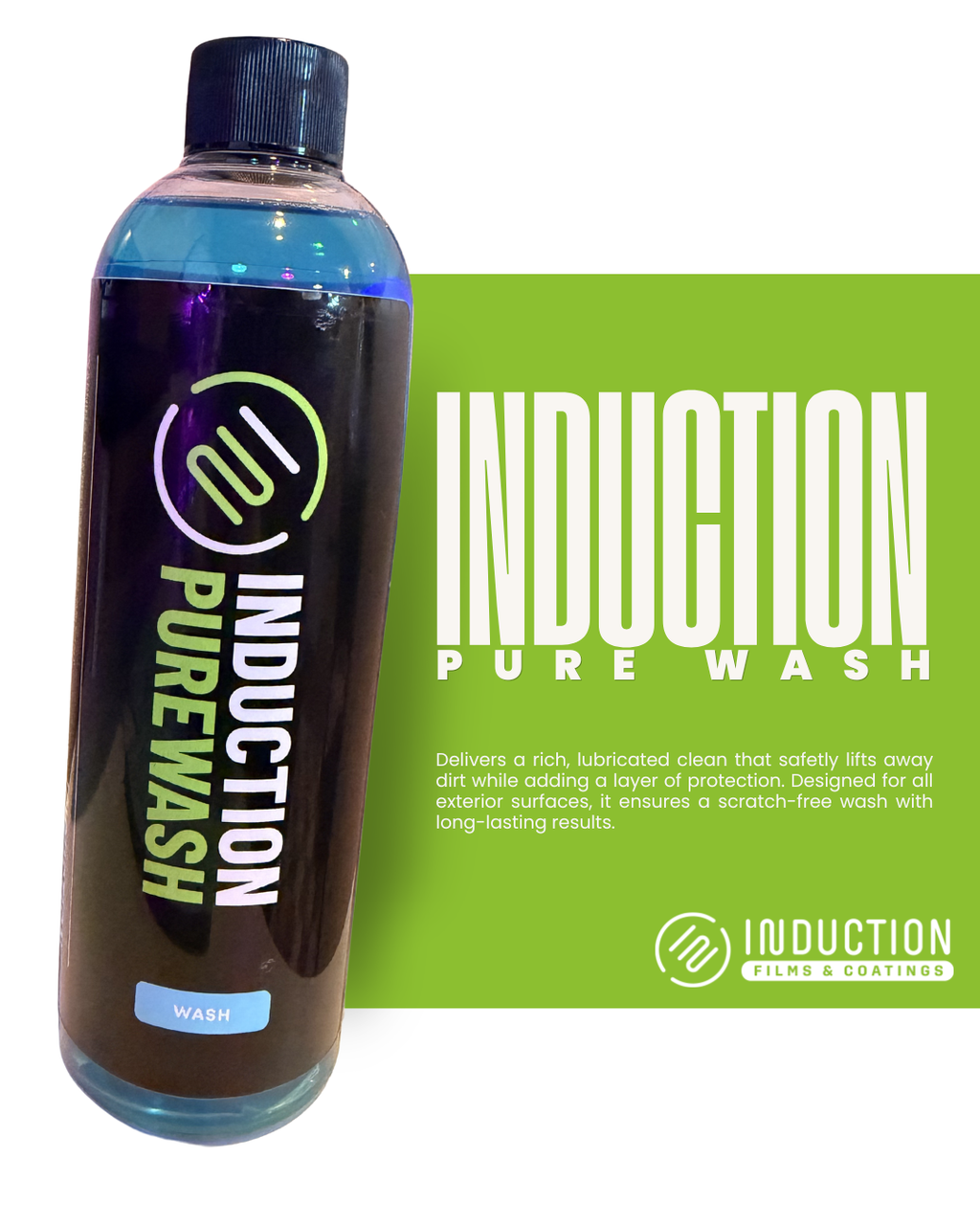 Bottle of Induction Pure Wash with green background and text