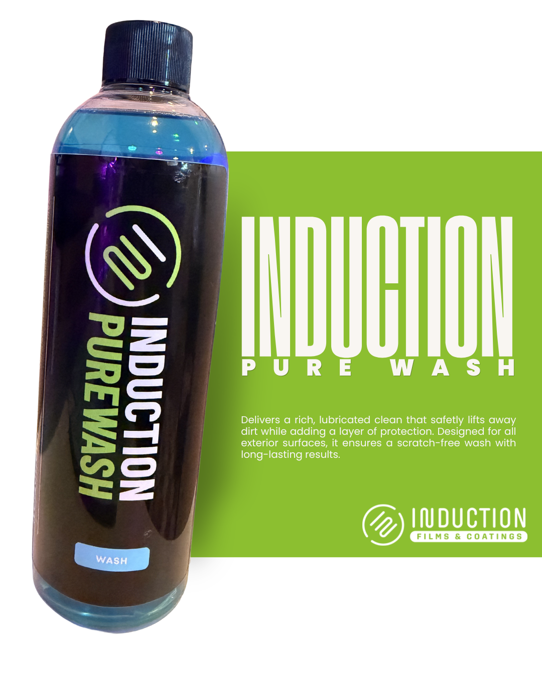 Bottle of Induction Pure Wash with green background and text