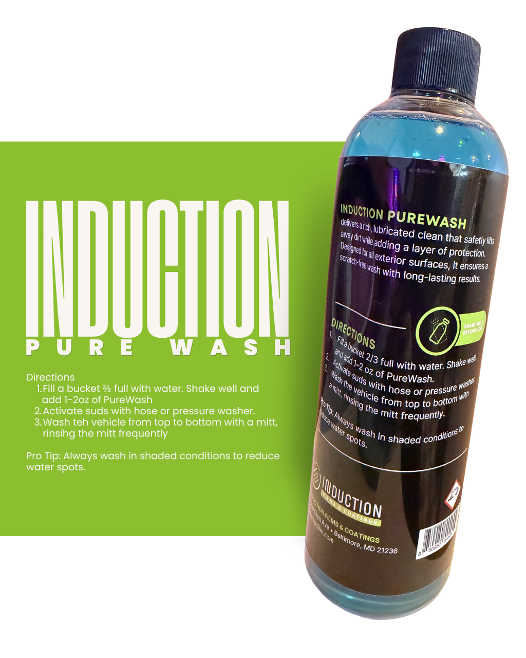 Bottle of Induction Pure Wash with label on a white background